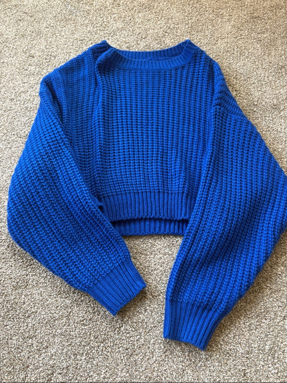 Blue Cropped Waffle Knit Sweater - Women's